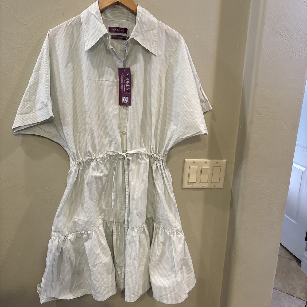 Adore Me Light Grey & White Striped Midi Shirt Dress.